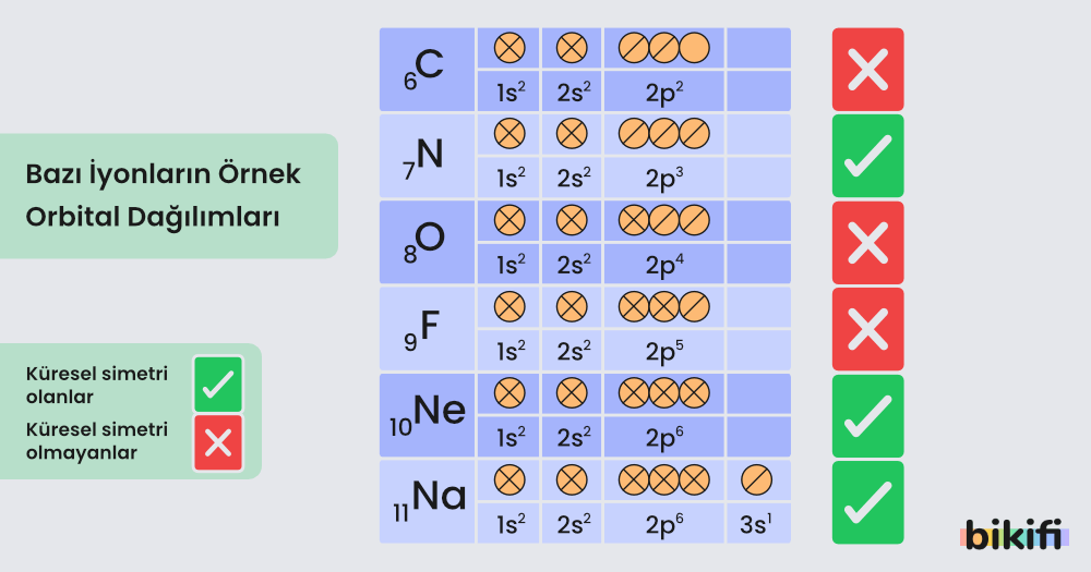 karbon (C), azot (N), oksijen (O), flor (F), Neon (Ne) ve Sodyum (Na) elementlerinin orbital dağılımları