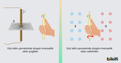 Düz telin çevresinde oluşan manyetik alan çizgileri ve vektörleri