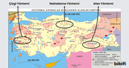 Türkiye haritası üzerinde alan yöntemi noktalama yöntemi ve çizgi yöntemiyle gösterimler