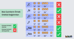 karbon (C), azot (N), oksijen (O), flor (F), Neon (Ne) ve Sodyum (Na) elementlerinin orbital dağılımları