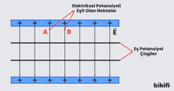 Düzgün elektrik alana dik olan aynı düzlemdeki bütün noktaların elektriksel potansiyeli eşittir(üstte). Eşit elektriksel potansiyele sahip noktaları birleştiren çizgilere eş potansiyel çizgiler denir.